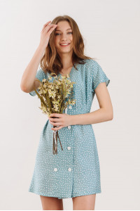 Polka dot dress Turquoise, short sleeves, with a belt Бирюзовый