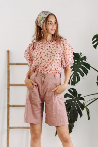 Pink cotton blouse with voluminous sleeves and ties Розовый