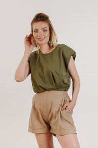 Khaki straight-cut cotton t-shirt with shoulder pads Хаки