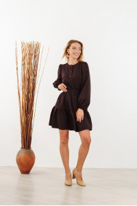 Платье Миди свободного кроя цвета Шоколад с объемным рукавом Шоколад