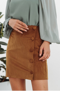 Caramel-colored straight-cut corduroy mini skirt with buttons Карамель