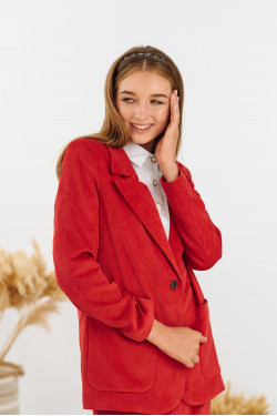 Veste en velours rouge pour femme, pour le bureau, avec poches plaquées.