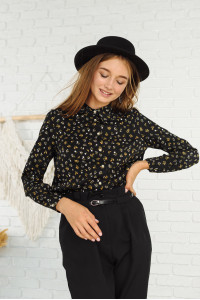 Черная блуза из штапель-коттона с цветочным принтом и воротнико Черный Черный