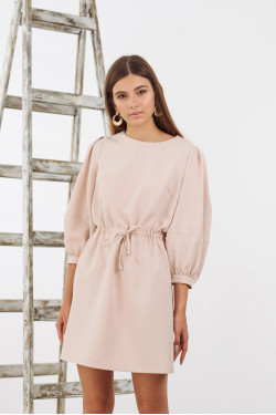 Бежевое платье миди из костюмки с пышными рукавами Бежевый