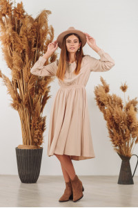 Бежевое платье миди из штапель-коттона с длинным рукавом Бежевый Бежевый