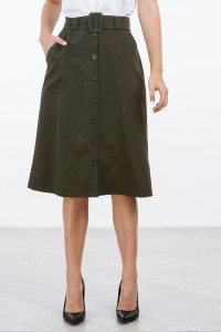Деловая юбка миди А-силуэта из тиара цвета хаки с поясом Хаки