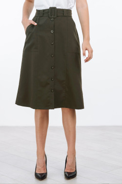 Деловая юбка миди А-силуэта из тиара цвета хаки с поясом