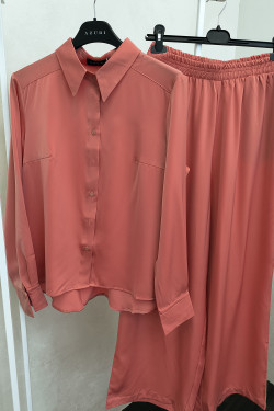 Шелковый брючный костюм со свободной рубашкой, цвет Коралловый