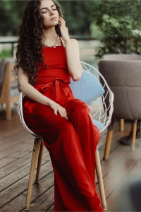 Coral silk pantsuit with a top and wide-leg trousers Коралловый