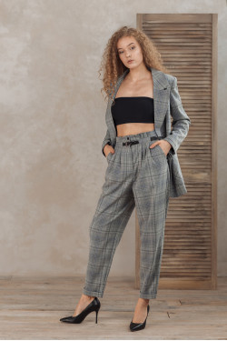 Брюки женские офисные в клетку серо-голубого цвета с пояс Серо-голубой