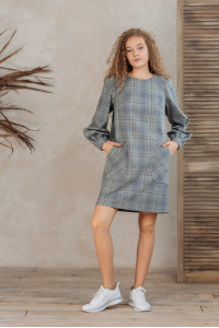 Gray-blue -blue plaid straight-cut midi dress for the office Серо-голубой