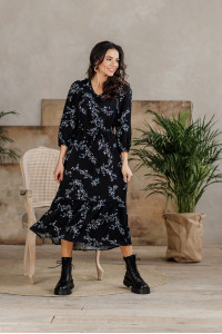 Черное платье миди из штапеля с V-образным вырезом Черный Черный