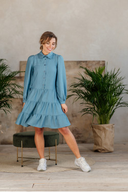 Сіро-блакитна сукня міді з штапелю з об'ємними рукавами . Сіро-блакитний.