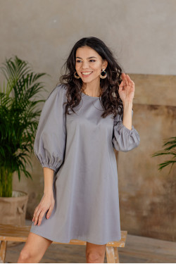 Short grey cotton dress with voluminous puff sleeves. Grey.