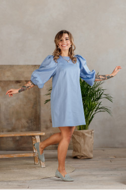 Blue short cotton dress with voluminous Blue sleeves