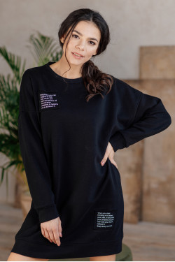 Black oversized midi sports dress made of three-thread fleece. Black.