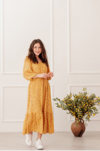 Длинное желтое платье из штапеля с V-образным вырезом и рюшей Желтый Желтый