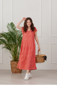 Красный летний сарафан штапель длины миди с рюшами Красный