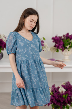 Голубое шифоновое платье миди с объемными рукавами и рюшами Голубой