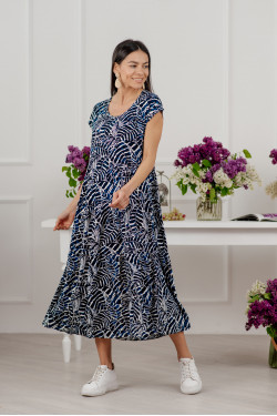 Синий сарафан штапель длины миди со свободным кроем и рюшами