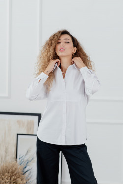 Women's basic white cotton long - sleeved blouse White