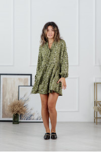 Olive loose-fitting crepe dress with ruffles Оливковый