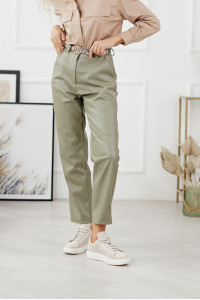 Брюки женские из экокожи с высокой талией оливкового цвета Оливковый Оливковый