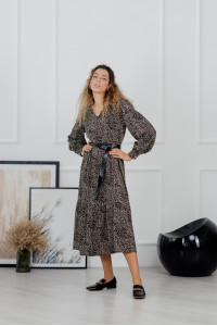 Повседневное платье миди из штапеля шоколадного цвета с оборкой Шоколад