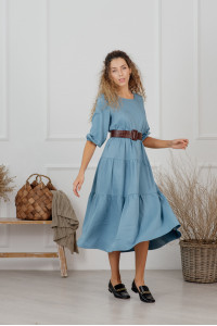Gray-blue midi dress made of staple fabric with ruffles and voluminous sleeves Серо-голубой