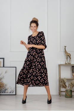 Black midi dress made of staple fabric with voluminous sleeves and Black