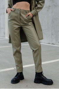 Women's olive faux leather trousers with creases for the office . Olive Оливковый