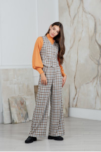 Grey and beige plaid palazzo trousers for the office, made of suiting fabric . Gray-beige. Серо-бежевый