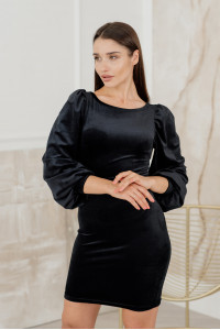 Black velour mini dress with puffed sleeves for Evening Черный