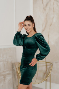 Green evening fitted velour dress with Green sleeves Зеленый