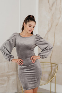 Grey velour mini dress with puffed sleeves and a cutout Серый