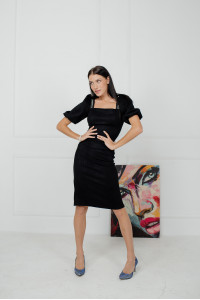 Black Black midi evening dress with puffed sleeves Черный