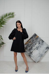 Short black A-line dress with puffed sleeves made of suiting fabric . Black. Черный