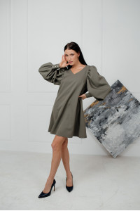 Short, A-line dress with puffed sleeves in a hazelnut color. Hazelnut Фундук