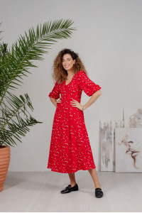 Красное платье миди в романтическом стиле с пышным рукавом Красный Красный