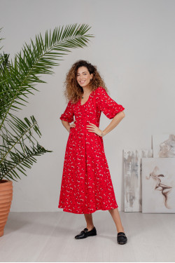 Красное платье миди в романтическом стиле с пышным рукавом Красный