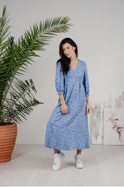 Голубое платье Миди из ткани Софт с пышными рукавами Голубой