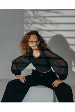 Вечерняя шифоновая блуза с пышными рукавами черная Черный