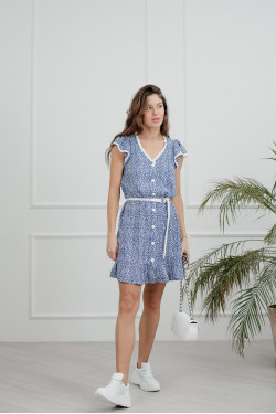 Короткое платье-трапеция из штапеля цвета деним с кружевом