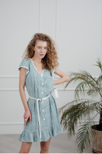 Короткое платье-трапеция из штапеля цвета шалфей с кружевом Шалфей