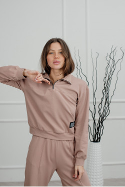 Укороченный свитшот из двухнитки цвета мокко с воротником на молнии