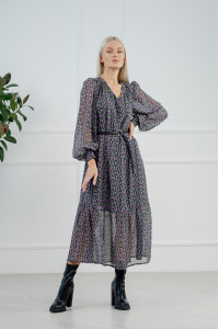 Шифоновое платье миди свободного кроя Сирень с оборкой Сирень