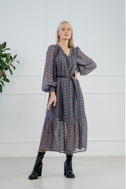 Шифоновое платье миди свободного кроя Сирень с оборкой