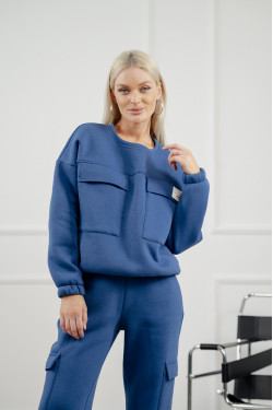 Теплый свитшот на флисе свободного кроя в цвете деним