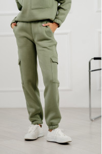 Женские брюки-карго на флисе цвета хаки с накладными карманами Хаки