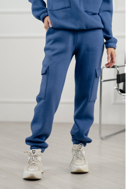 Женские брюки на флисе в стиле карго цвета деним